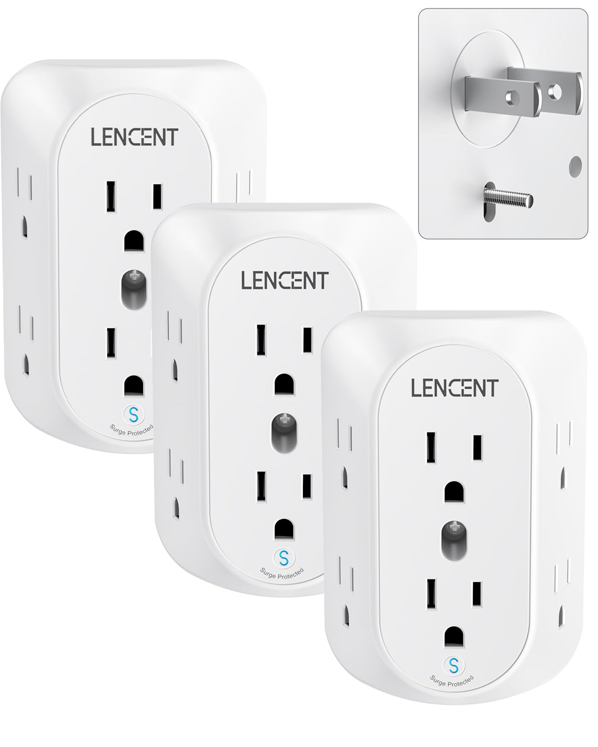 Lencent 2 Prong Power Strip, 3 To 2 Prong Grounding Outlet Adapter, Polarized Plug, Surge Protector, 3 Sided 6 Outlet Widely Spa