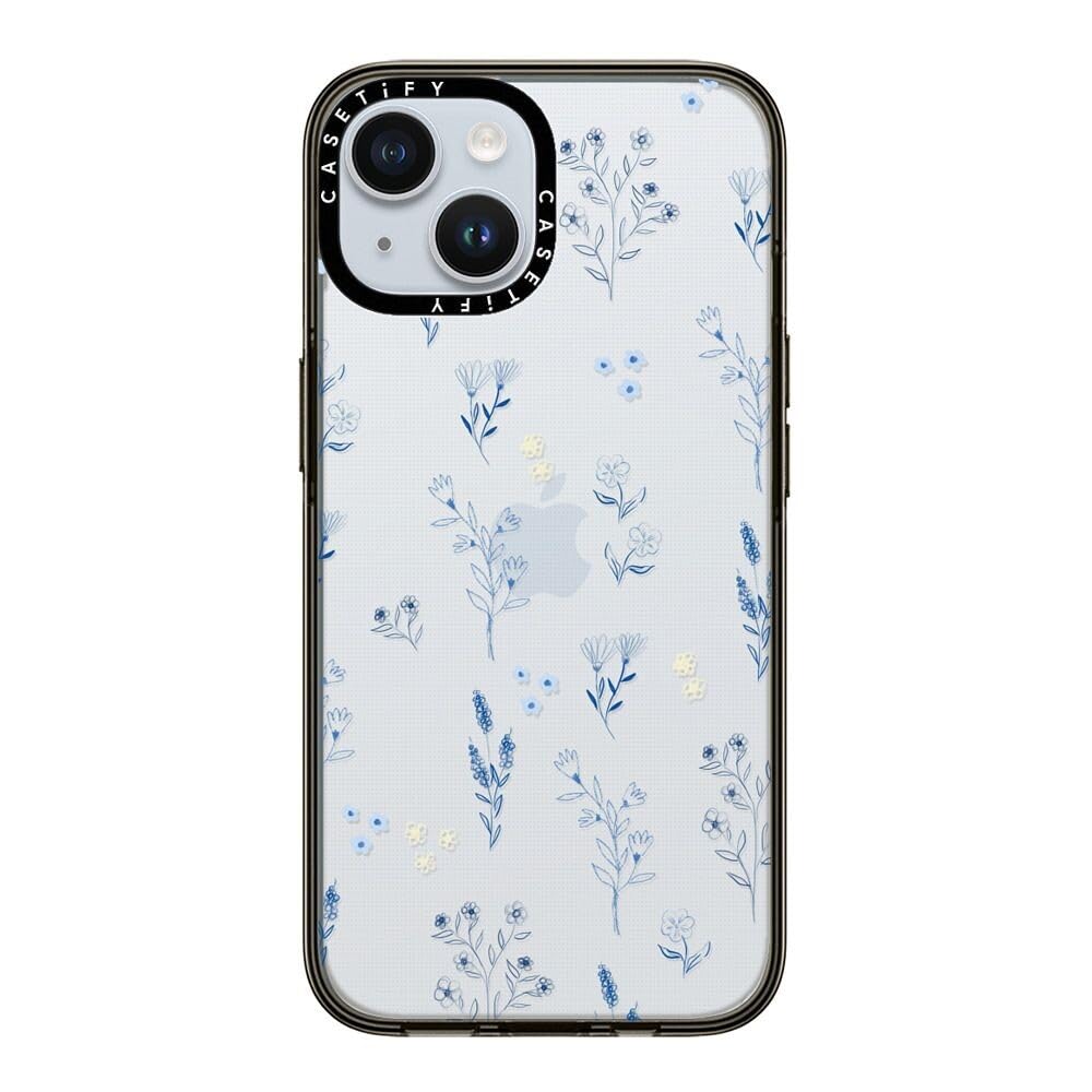 Casetify Compact Case For Iphone 15 [2X Military Grade Drop Tested / 4Ft Drop Protection]   Small Blue Flowers   Clear Black