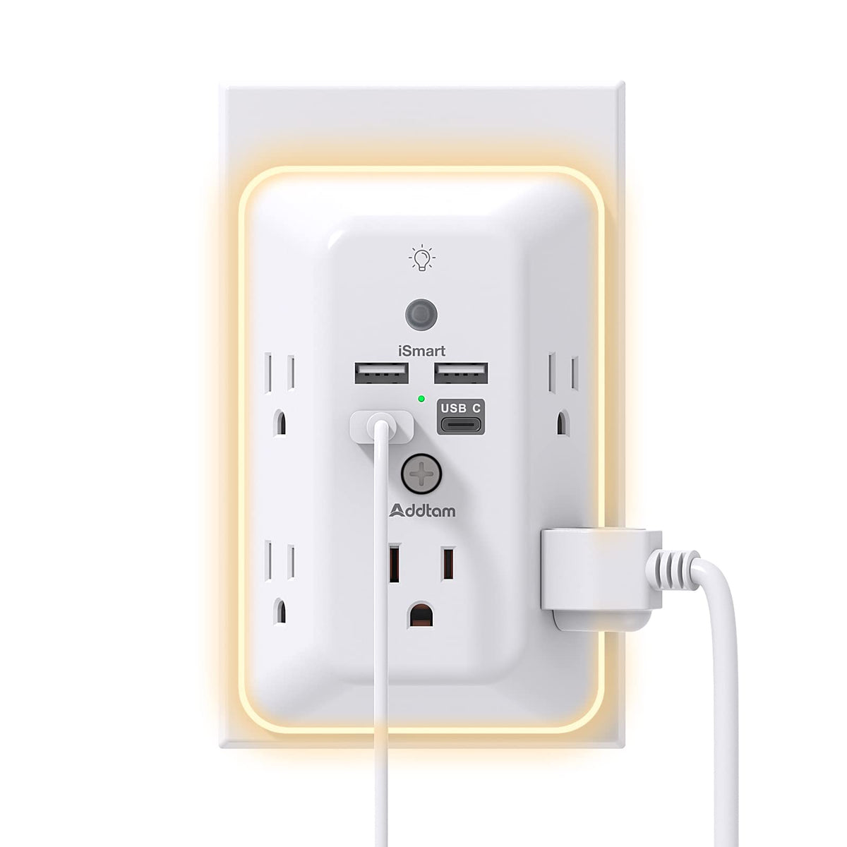 Surge Protector, Outlet Extender With Night Light, Addtam 5 Outlet Splitter And 4 Usb Ports(1 Usb C), Usb Wall Charger Power Str