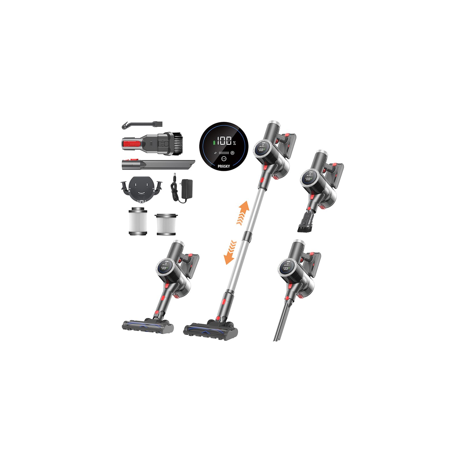 Cordless Vacuum Cleaner, 6-in-1 Lightweight Stick Vacuum with 45mins Runtime, LED Display & Light, Self-Standing, Rechargeable C