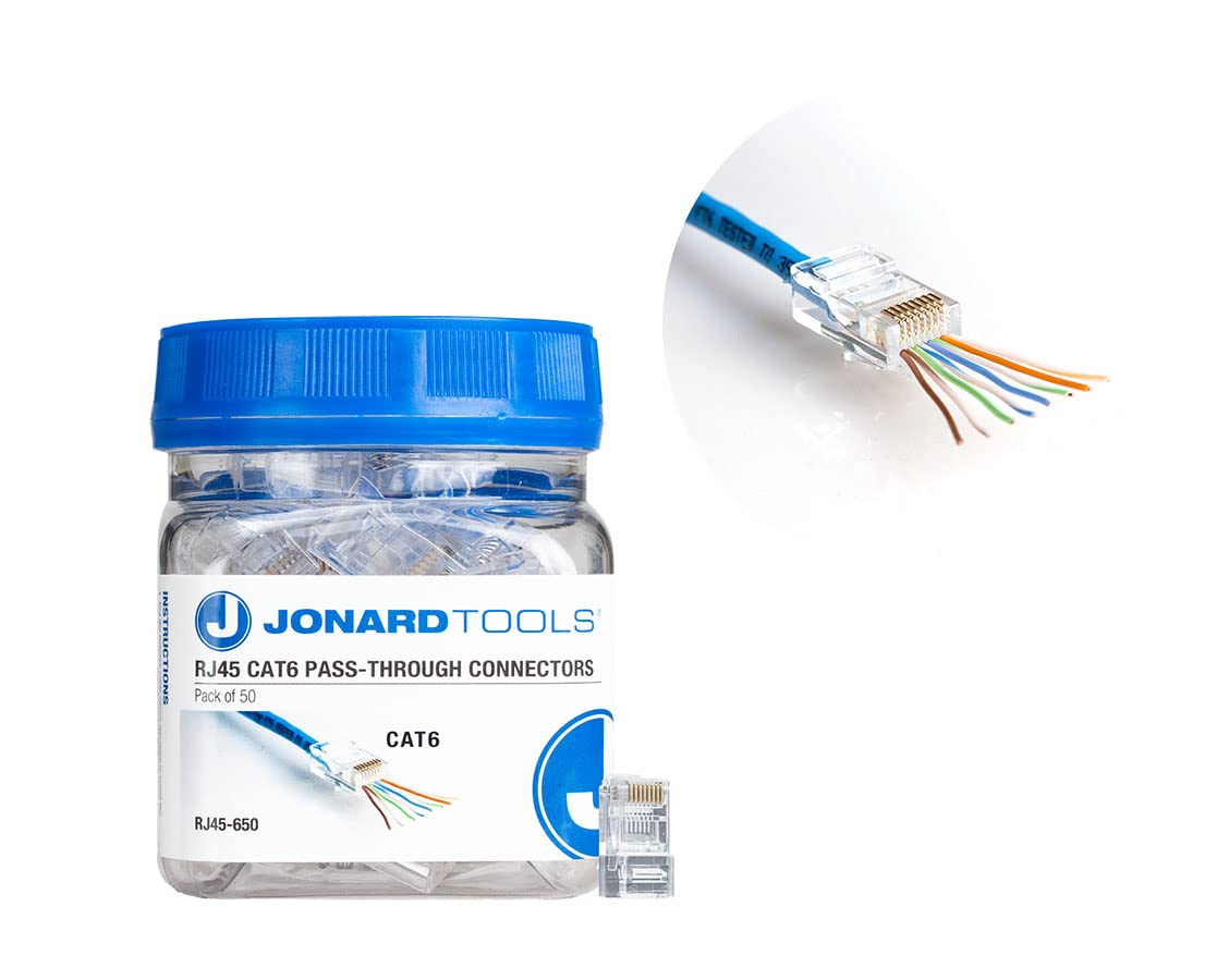 Jonard Tools RJ45-650 CAT6A RJ45 Pass-Through Connectors for Network Cables (Pack of 50)