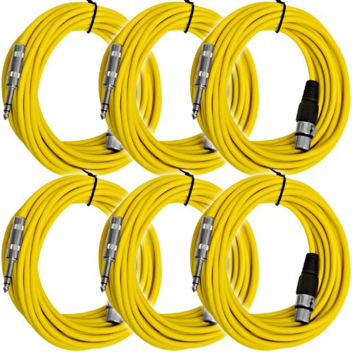 Seismic Audio - SATRXL-F25Yellow-6Pack - 6 Pack of 25 Ft XLR Female to 1/4 TRS Patch Cable Snake Cords Balanced - Yellow