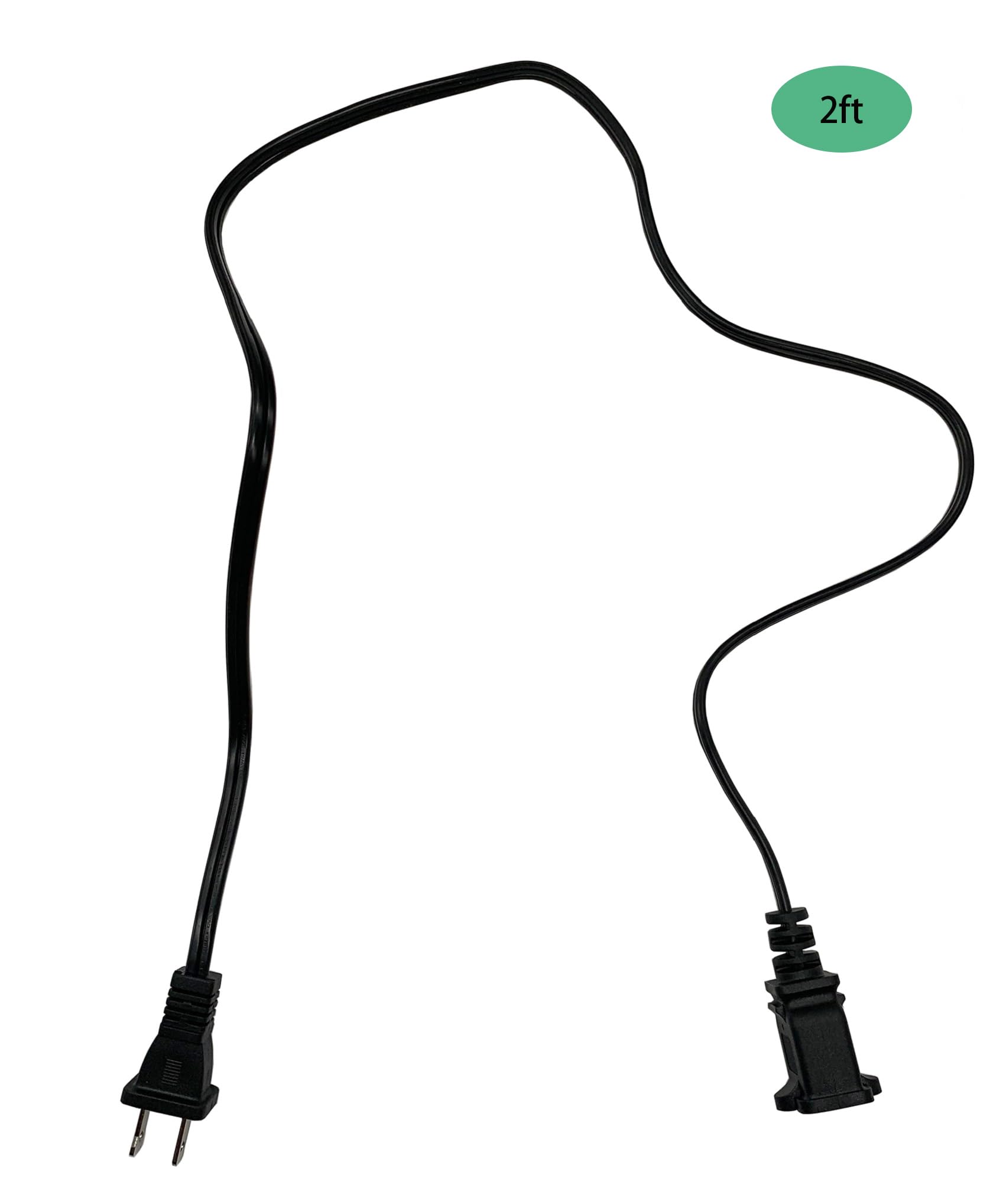 Musunpara 2 Ft Extension Cord, 18 AWG Black Power Cable, 2 Prong Male to Female, Indoor Use, NEMA 5-15P to NEMA 5-
