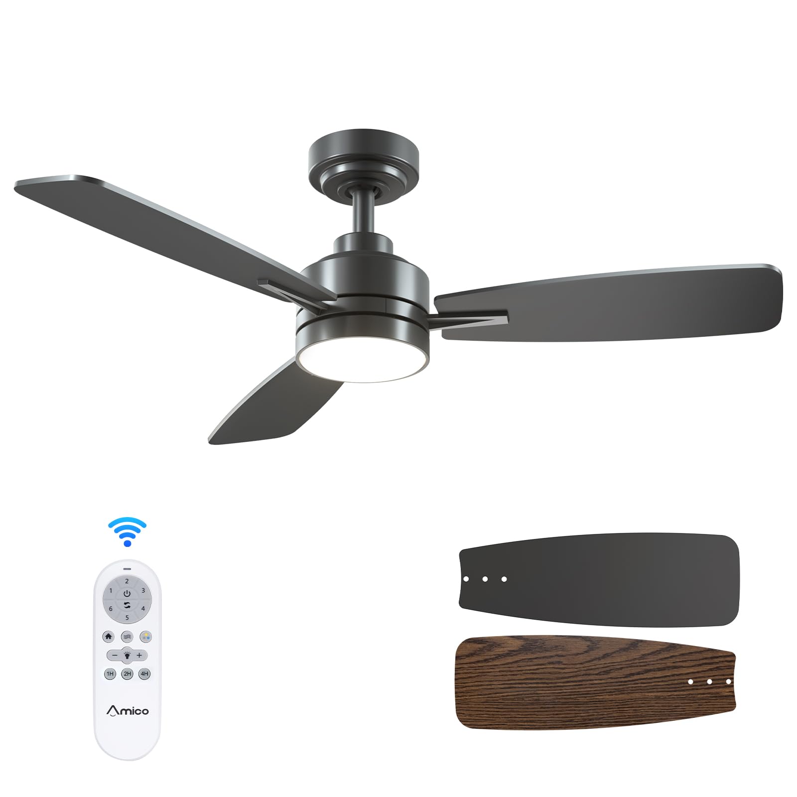 Amico Ceiling Fans With Lights, 44 Inch Ceiling Fan With Light And Remote Control, Reversible, 3Cct, Dimmable, Noiseless, Small