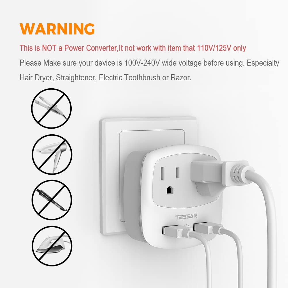 Tessan Brazil Power Adapter, Us To Brazil Plug Adaptor With 2 American Outlets And 2 Usb Charging Ports, Type N Travel Converter
