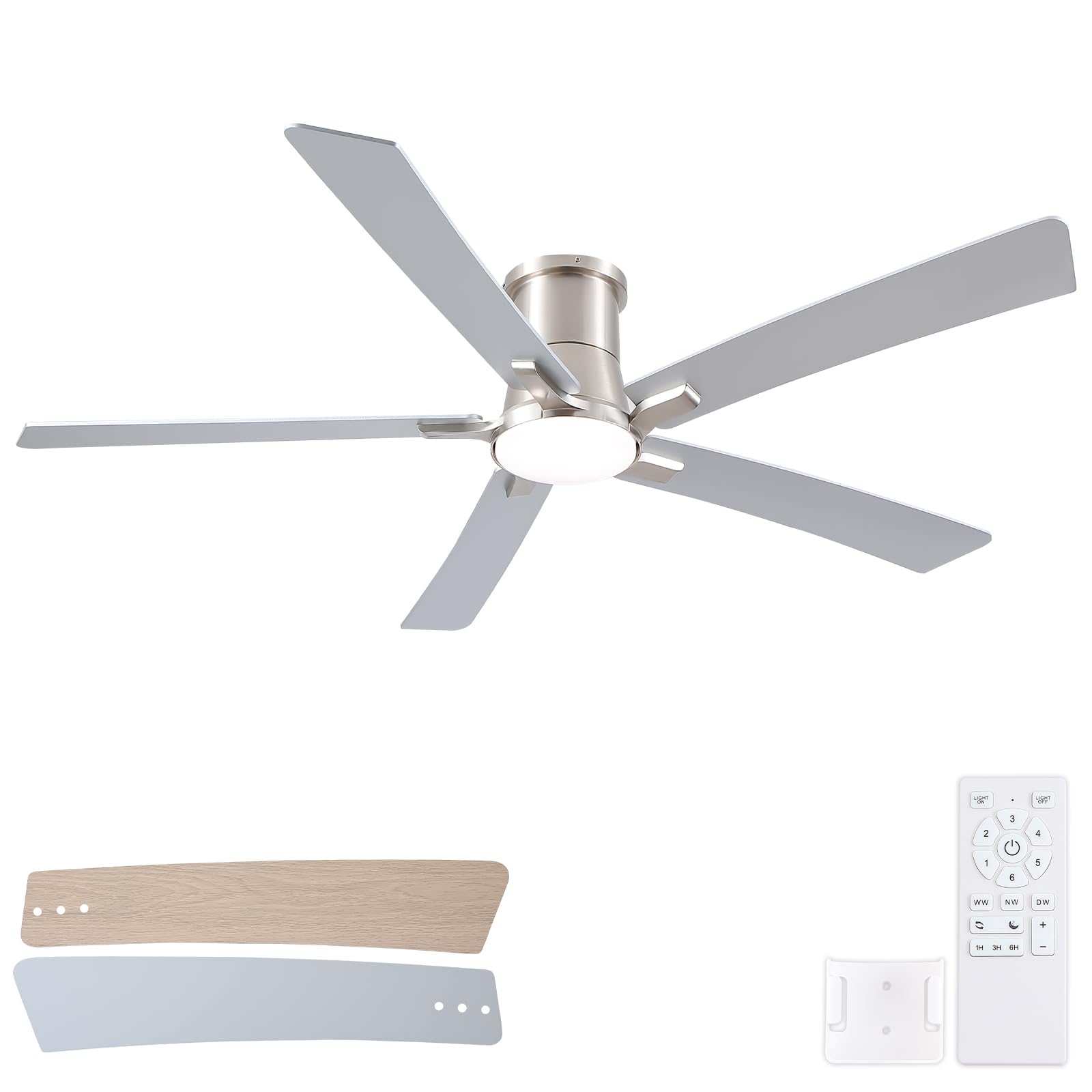 60 Inch Ceiling Fans with Lights and Remote, Nickel Low Profile Ceiling Fan, Flush Mount Style with 5 Blades, For Indoor Bedroom