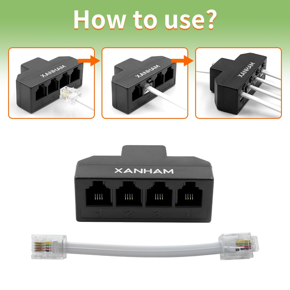 Xanham Rj11 Cable 4 Way Splitter 6P4C Connector Phone Line Cord Adapter With 3 Inch Cable For Landline Telephone Wire, Black, Av