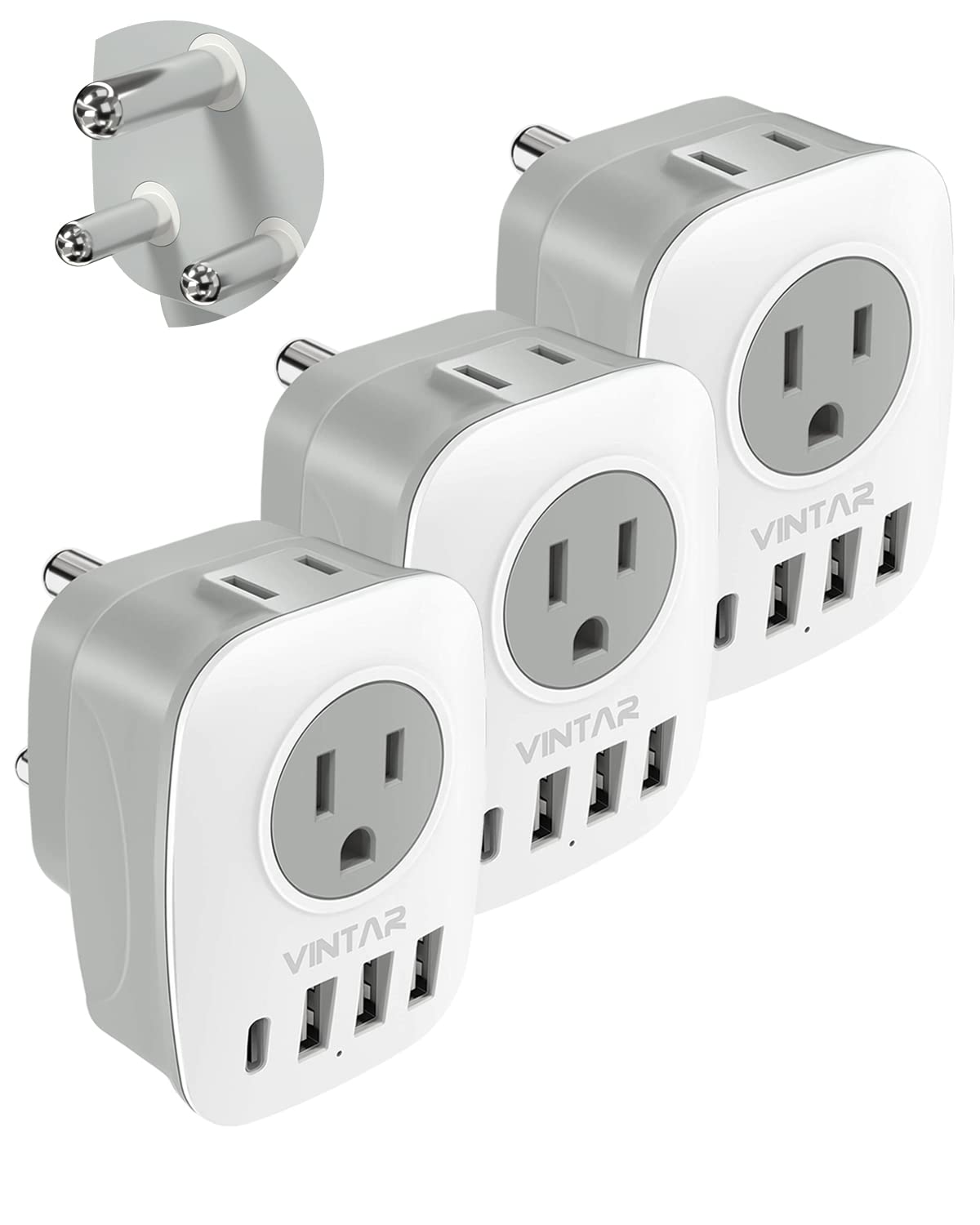 3 Pack South Africa Plug Adapter, Vintar Type M Plug Adapter With 1 Usb C, 3 Usb Ports And 2 American Outlets, 6 In 1 Travel Ada
