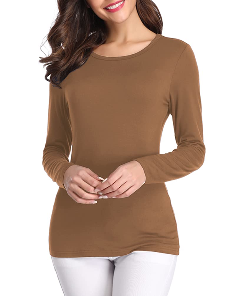 Fuinloth Womens Basic Long Sleeve T Shirts, Crewneck Slim Fit Spandex Tops, Plain Layer Underscrub Tees Coffee 2X Large