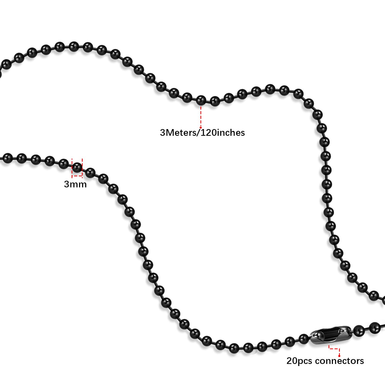 Dotlite Black Ceiling Fan Pull Chain, 120'' Extra Long Rust Proof 3Mm Beaded Ball Light Pulls Extension Chains With 20Pcs Connec