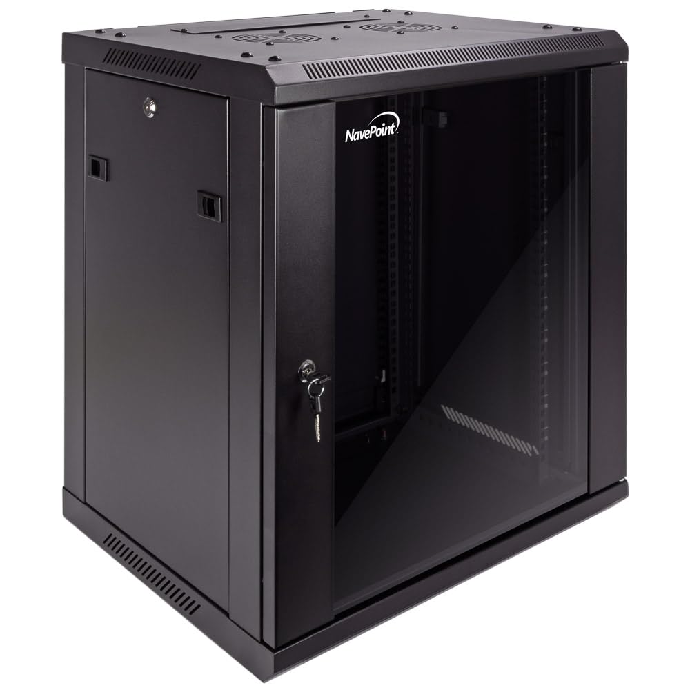 Navepoint 12U Server Cabinet Wall Mount Rack Enclosure Includes 2 Fans, Locking Glass Door, Removable Side Panels   12U Network