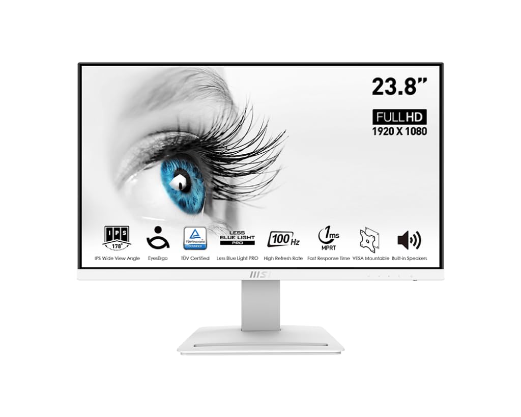 MSI Pro MP243XW, 24 Monitor IPS FHD (1920 x 1080) Non-Glare with Super Narrow Bezel 100HZ 1ms 16:9 with Tilt Stand, White