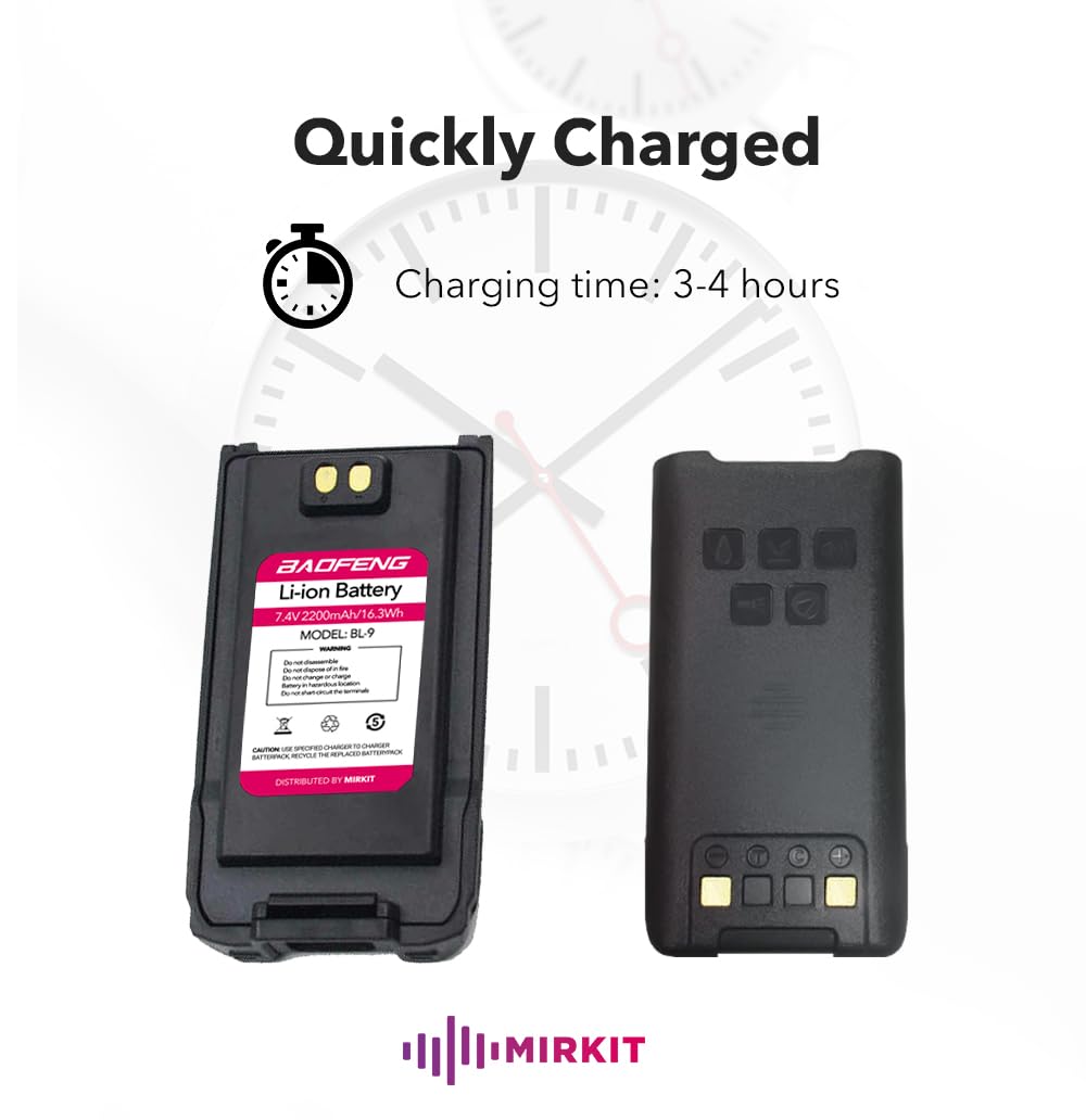 Mirkit Baofeng Battery Bl 9 2200Mah Li Ion Compatible With: Baofeng Uv 9R, Uv 9R Plus, Bf T57 Two Way Radios   Rechargeable Extended Battery Radio