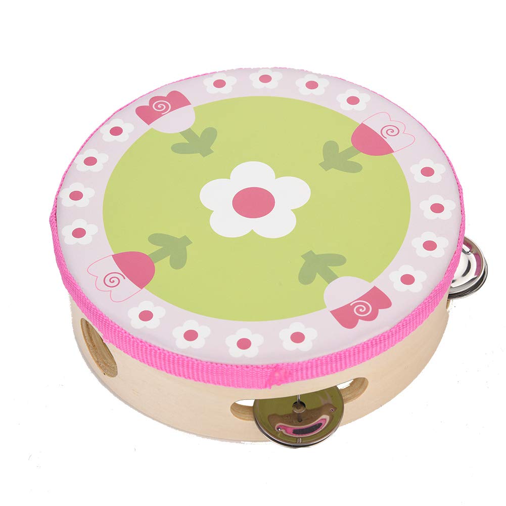 Ubervia Tambourine Drum Bell, Cute Patterns Tambourine Wood, Wooden Handheld 15Cm for Sing Or Dance Accompaniment(Four Flowers B