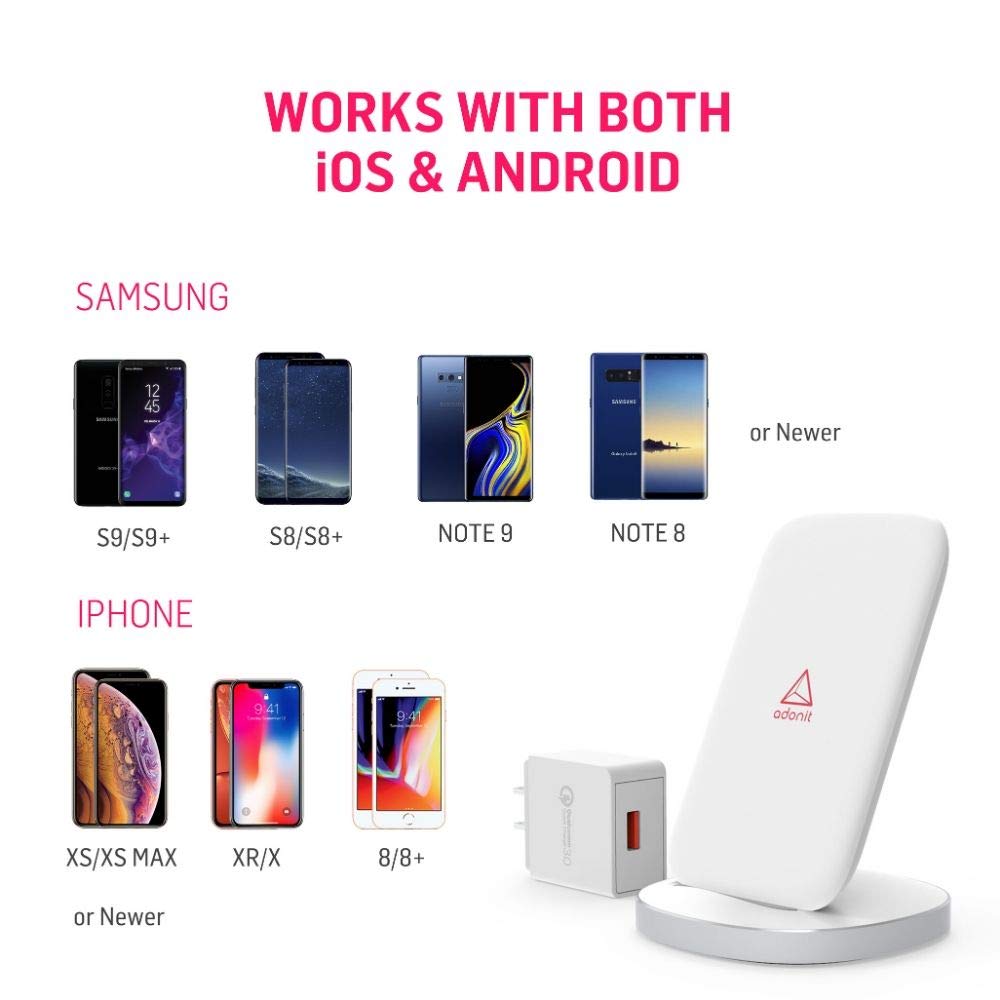 Adonit Charger Stand (White) Fast Charging Qi-Certified For Iphone 12, 12 Pro, 11, 11 Pro, Pro Max, Xr, Xs Max, Xs, X, 8, 8 Plus
