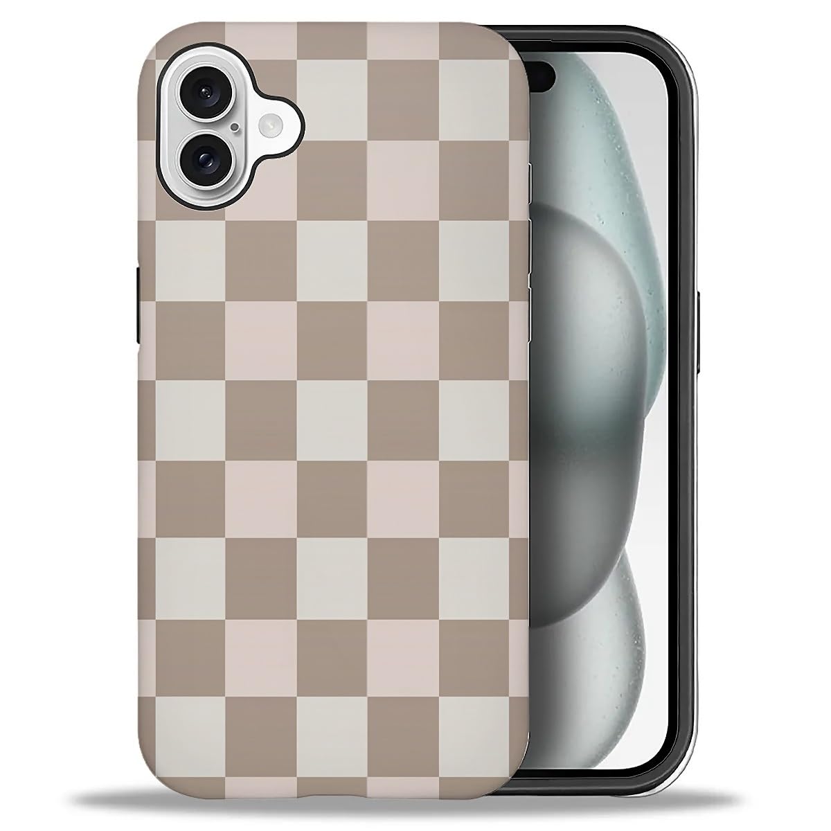 WANKBLC Compatible with iPhone 16 Matte Case, Brown Pink Check Plaid Pattern for Girl Full Body Design Soft Silicone Drop Shock 