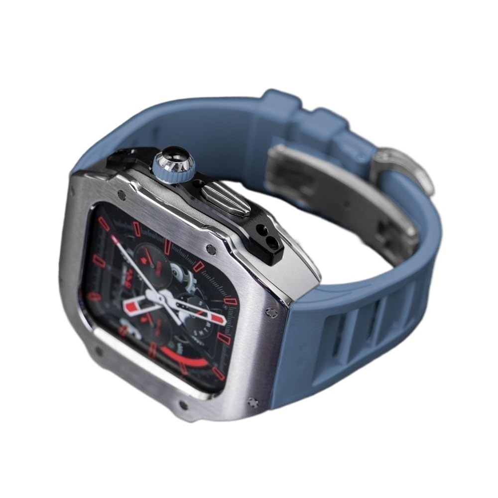 EKSIL RM Style Stainless Steel Watch Case Silicone Band,For Apple Watch Ultra 8 7 6 5 4 SE Series,Sport Rubber Butterfly Buckle 