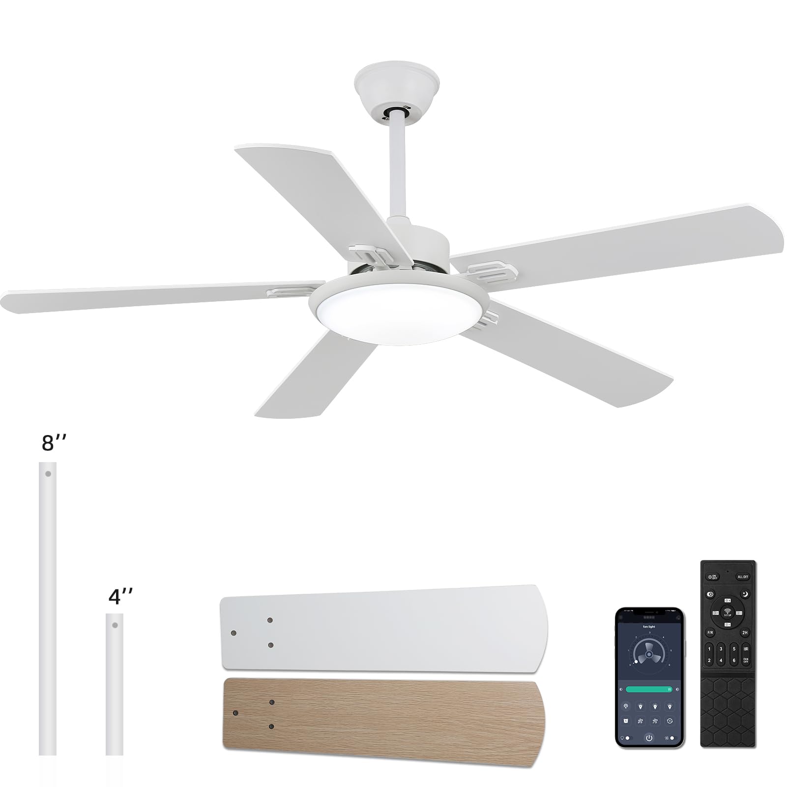 RIENAZA 52 inch Ceiling Fans with Lights and Remote Control,White Ceiling fan with Light,Reversible,3CCT,Dimmable, Noiseless,Mod