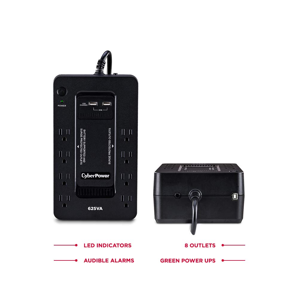Cyberpower St625U Standby Ups System, 625Va/360W, 8 Outlets, 2 Usb Charging Ports, Compact, Black