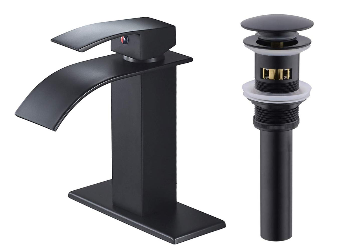 Voton Black Waterfall Bathroom Faucet Single Handle Lavatory Faucet With Pop Up Drain One Hole Rv Vessel Faucet Basin Mixer Tap 