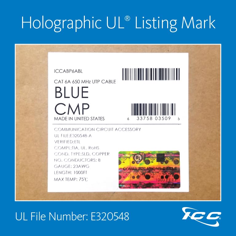 ICC Cat6A CMP Plenum 1000ft   UTP 23AWG, 100% Solid Pure Copper, Unshielded, Bulk Ethernet Cable on Reel, PoE++, 650MHz, UL Certified, ETL Verified, RoHS, TAA and NEC Compliant, Made in USA, Blue