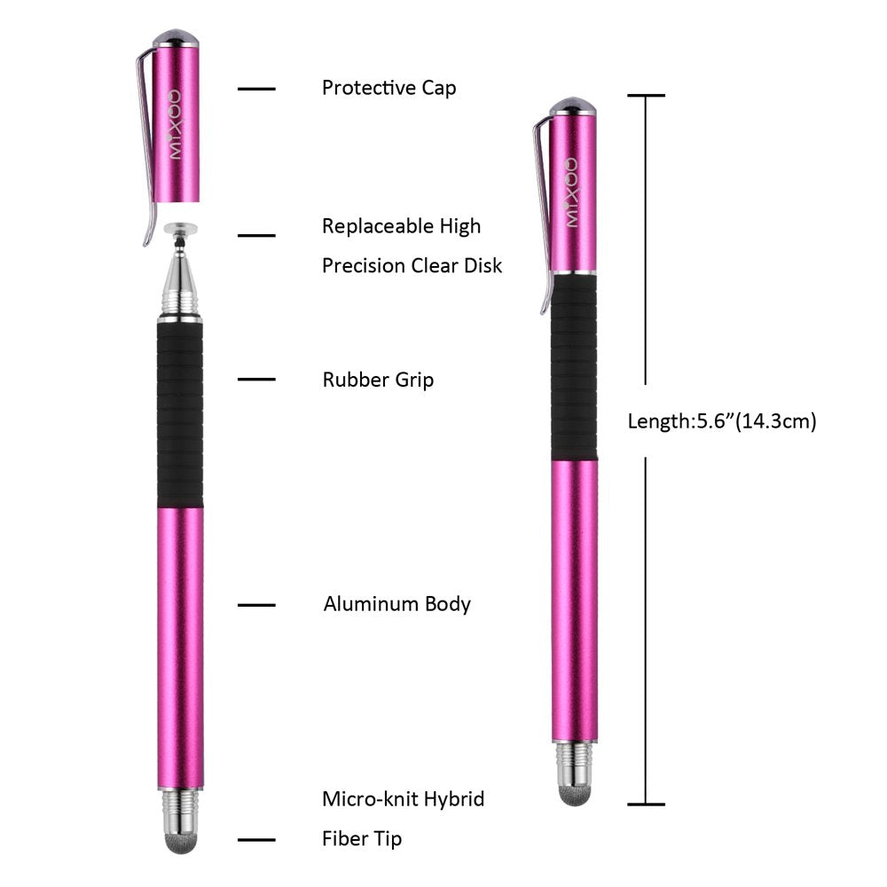 Mixoo 2 In 1 Precision Disc & Fiber Stylus With 3 Replaceable Tips For Capacitive Touch Screen Devices (Purple)