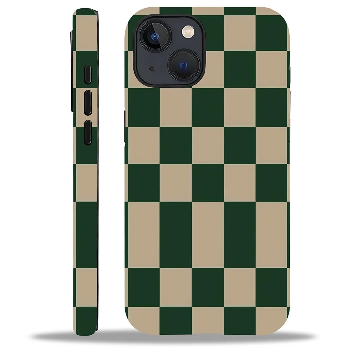 WANKBLC Compatible with iPhone 13 14 Matte Case, Dark Green Beige Checkerboard Pattern for Girl Full Body Design Soft Silicone D