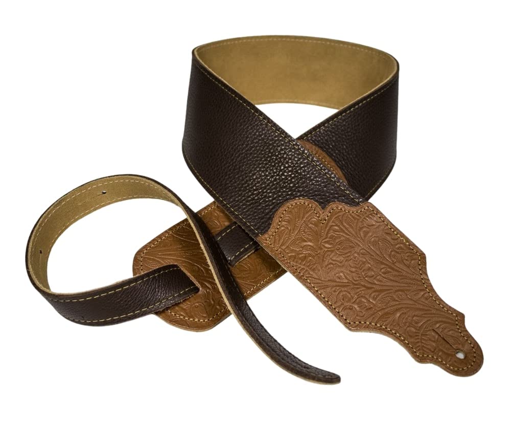 Franklin Strap   3'' Original Glove Leather With Tooled End Tab   Guitar Strap   Chocolate Leather With Caramel Tooled End Tab