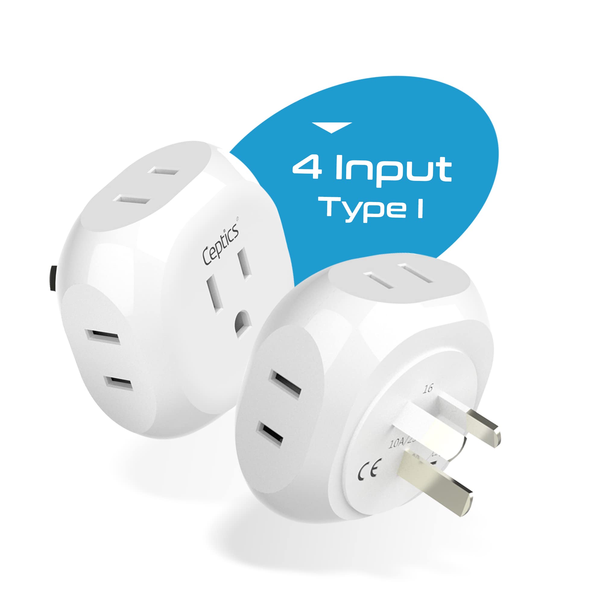 Ceptics Travel Plug Adapter 4 Input USA to Australia New Zealand China Type I PT-16 White