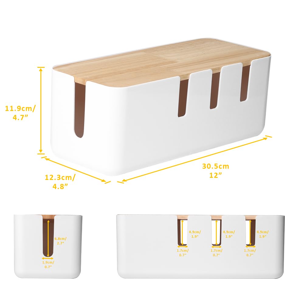 Cable Management Box By Baskiss, 12X5X4.5 Inches, Wood Lid, Cord Organizer For Desk Tv Computer Usb Hub System To Cover And Hide