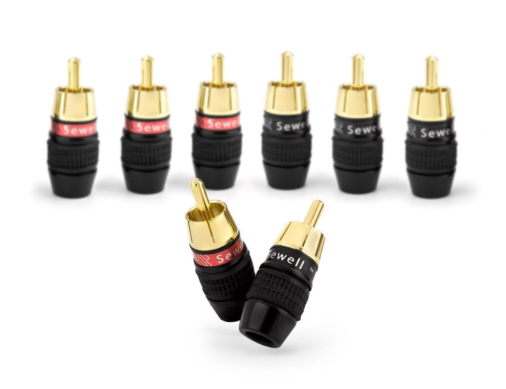 Sewell Deadbolt RCA Plugs, 4 Pairs, Fast-Lock Technology, 24k Gold Plated Speaker Plugs, Premium Solderless SW-32888-4