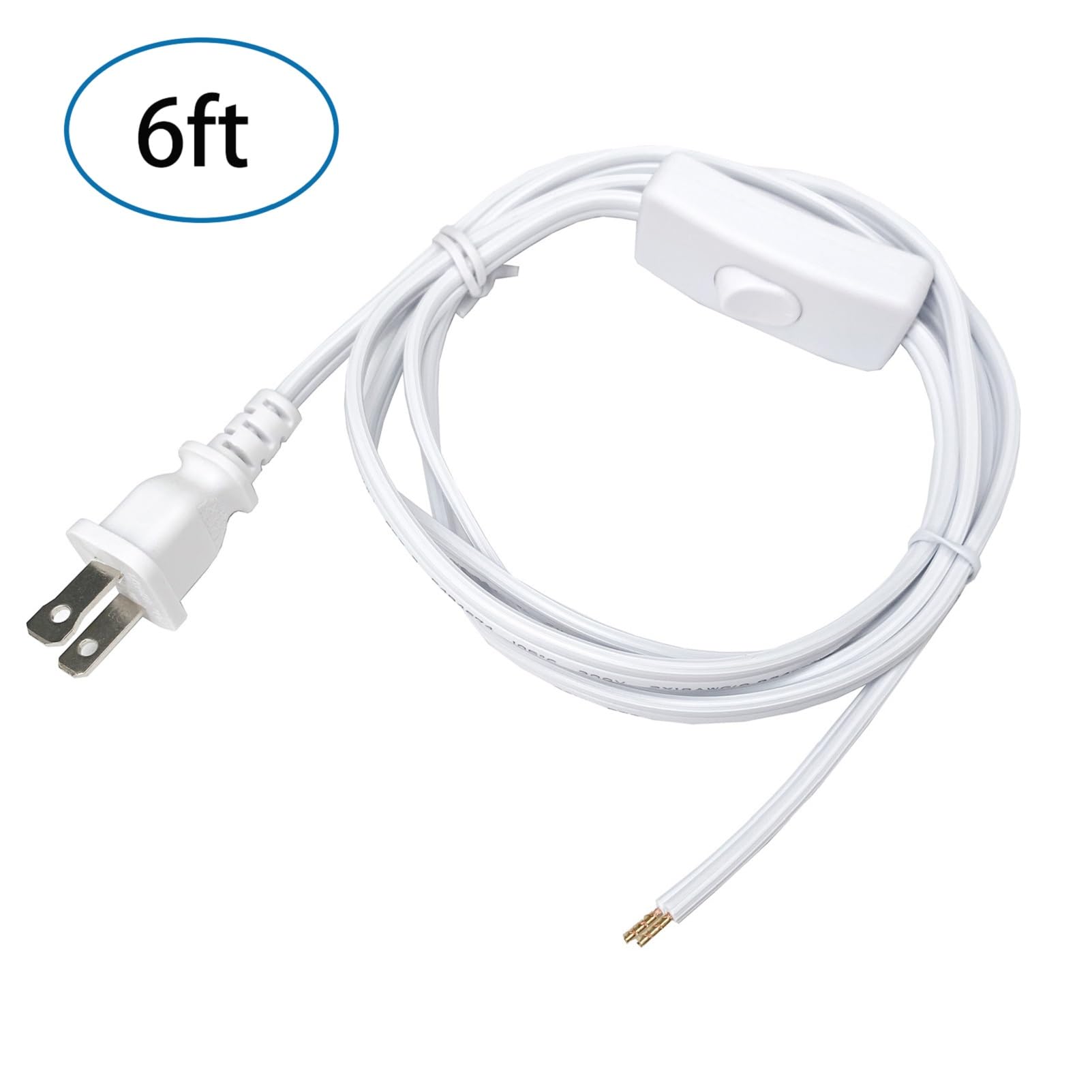 Lamp Cord With Switch Plug, 2 Prong Extension Cord 6 Feet, White Lamp Cord Replacement, 18 Awg Power Cord, Stripped Ends Ready F
