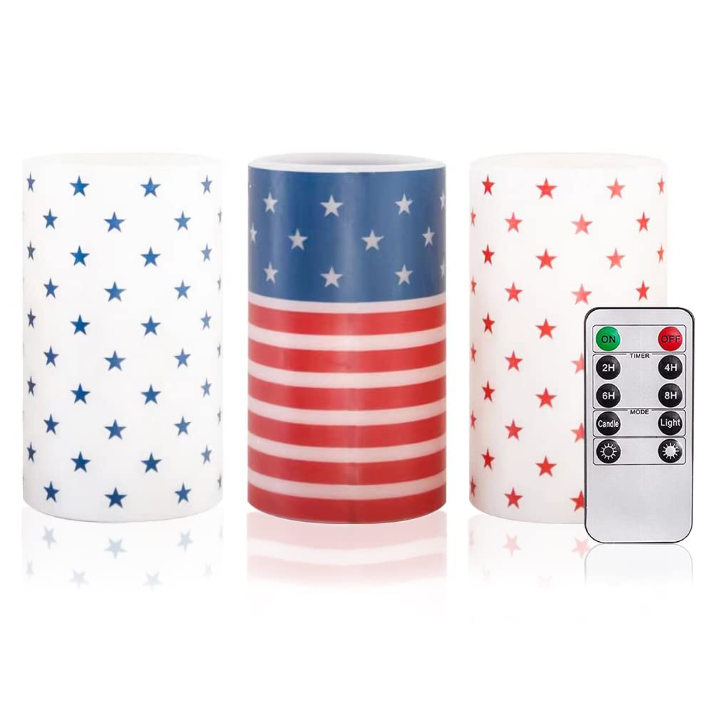 Stmarry Set Of 3 Patriotic American Flag Flameless Led Battery Operated Pillar Candles With Remote Control, 4Th Of July Candles 