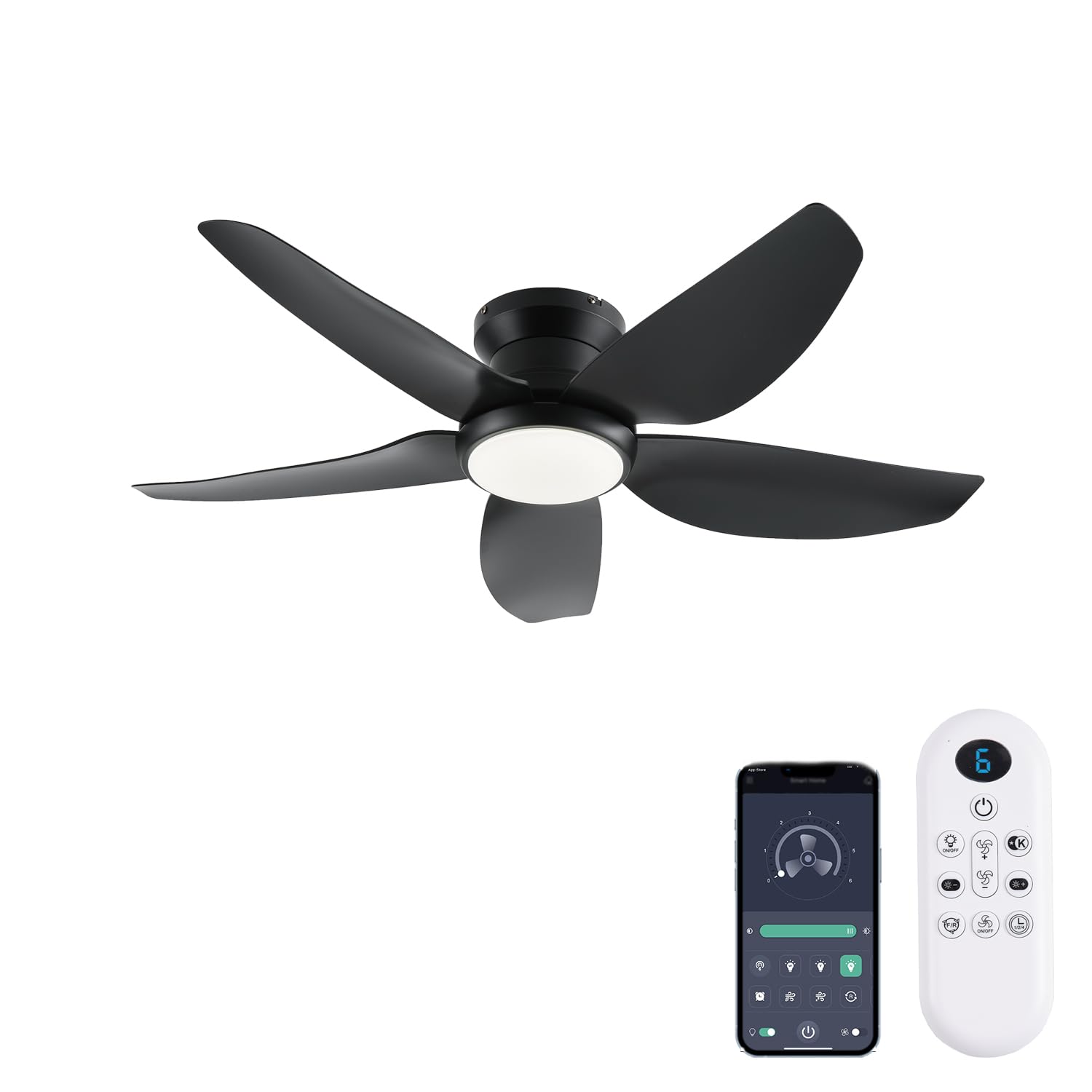 GJeg Ceiling Fans with Lights, 43 Inch Low Profile Ceiling Fan with Light and Remote/App Control, Flush Mount, Reversible DC Mot