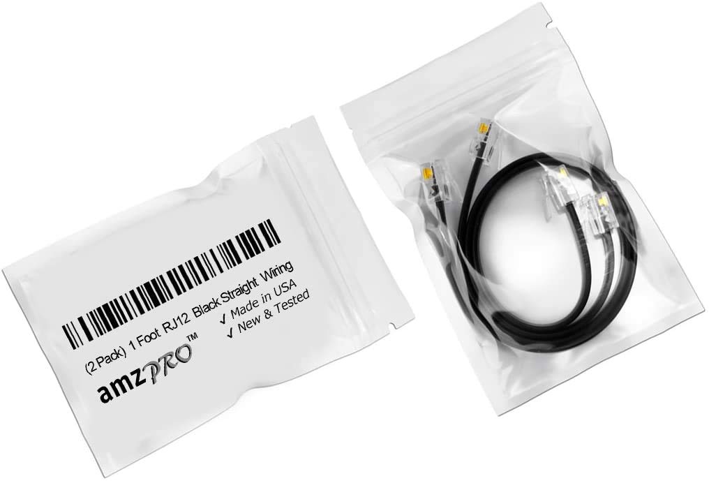 Amzdeals 2 Pack 1 Foot Black Rj12 6P6C Male To Male Straight Wired Cable, Pro Grade Data And Voice Phone Line Cord   Made In Usa