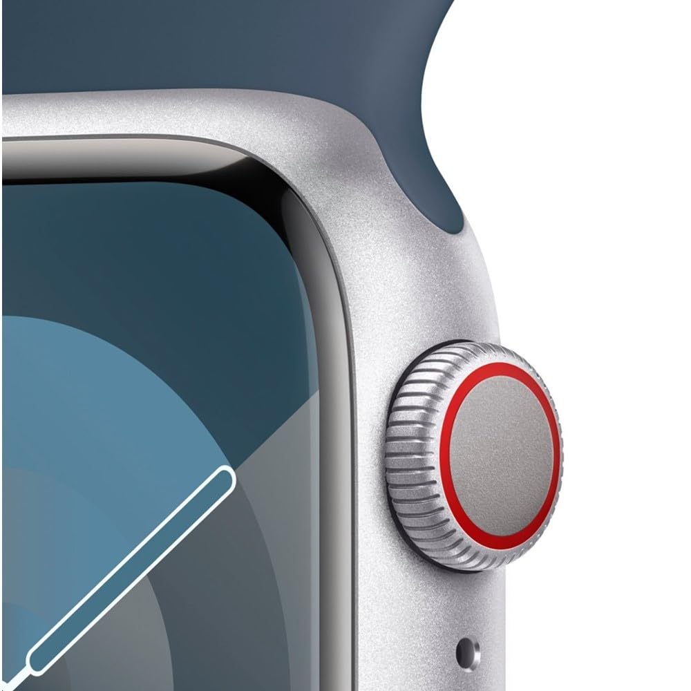 Apple Watch Series 9 [GPS + Cellular, 45mm]   Aluminum Silver Case with Storm Blue Sport Band, M/L