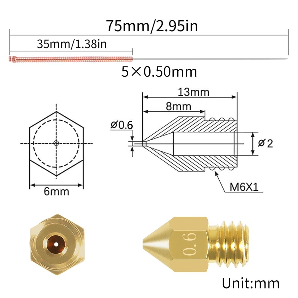 Aokin 10 Pcs 0.6Mm 3D Printer Nozzles Mk8 Extruder Nozzles And 5 Pcs 0.5Mm Stainless Steel Nozzle Cleaning Needles For Creality