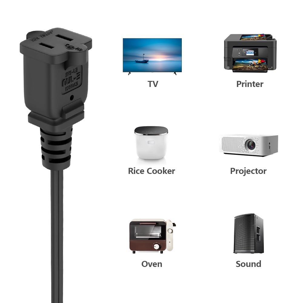 Extension Cord 6 Feet Us 2 Prong Extension Cord 2 Outlet Black Extension Cord Cable 125V 10A Male To Female Power Cord For Nema
