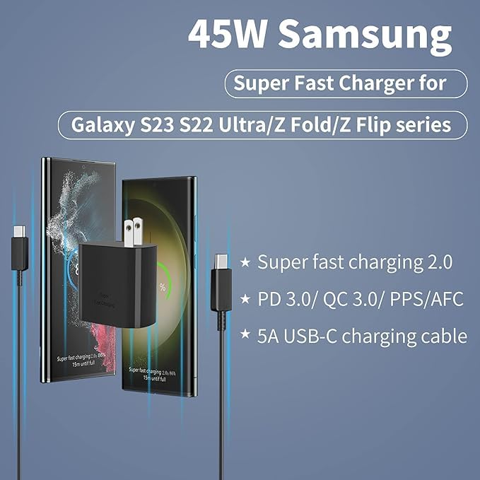 45W Usb C Charger Samsung Super Fast Charger Type C For Samsung Galaxy S24 Ultra/S24/S24+/S23 Ultra/S23/S23+/S22 Ultra/Z Fold 4/Fold 5/Fold 6,S24 Ultra Type C Fast Charger & Fast Charging Cord,2 Pack