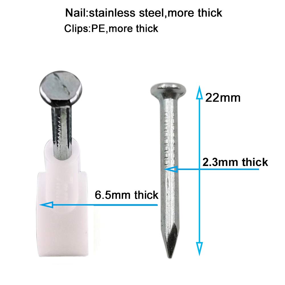 HS Ethernet Cat6 Cable Clips, 7mm Plastic Wire Clips with Steel Nail, 200 Pack, White, Model HS0701