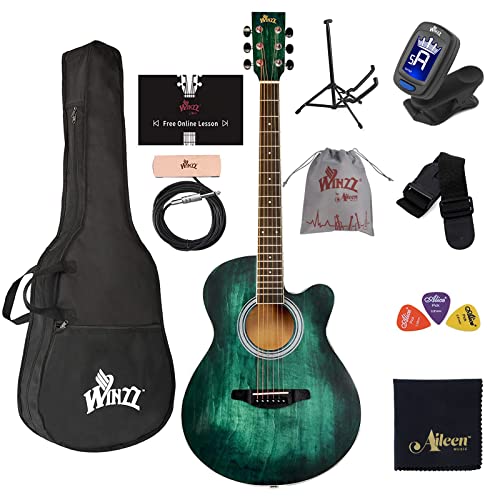 Winzz Hand Rubbed Series   40 Inches Cutaway Acoustic Acustica Guitar Beginner Starter Bundle With Online Lessons, Padded Bag, S