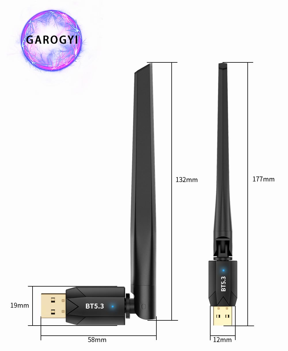 GAROGYI Ultra Long Range Bluetooth 5.3 USB Adapter for PC, Plug and Play, Supports Windows 11/10/8.1/7, Ideal for Laptops, Headsets