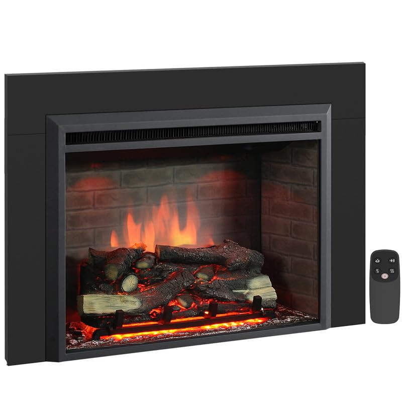 Puraflame Western 33'' Electric Fireplace Insert With Trim Kit, Fire Crackling Sound, Resin Log, Remote Control, 750/1500W Heate