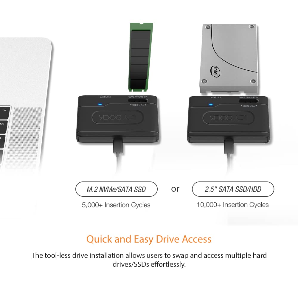 ICY DOCK USB 3.2 Gen 2 10Gbps to 2.5' SATA SSD/HDD & M.2 NVMe/SATA SSD External Reader Adapter | EZ Adapter MB104U 1SMB
