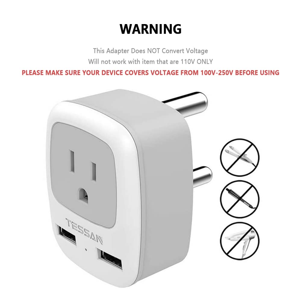 Tessan South Africa Power Adapter, Grounded Travel Plug Adaptor With 2 Usb &1 American Outlet Charger For Type M Country Such As