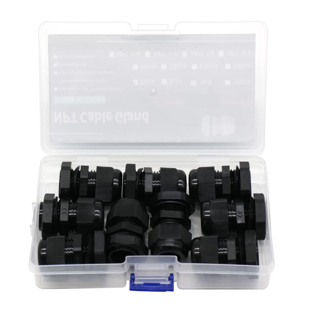 Cable Glands 1/2 Npt Inch Nylon Pa66,Waterproof Ip68 Adjustable Locknut For 6 12Mm Cable Diameter (9Pcs,Black,Plastic Box) Used