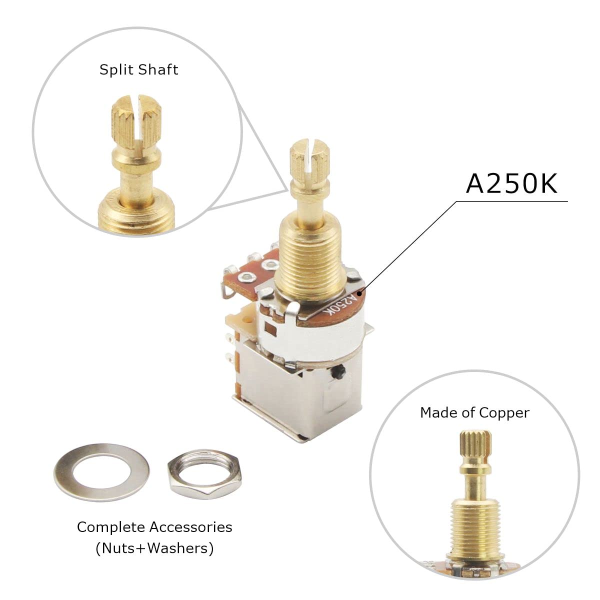 Fleor 2Pcs A250K Push Push Guitar Pots Audio Taper Potentiometers Long Copper Split Shaft