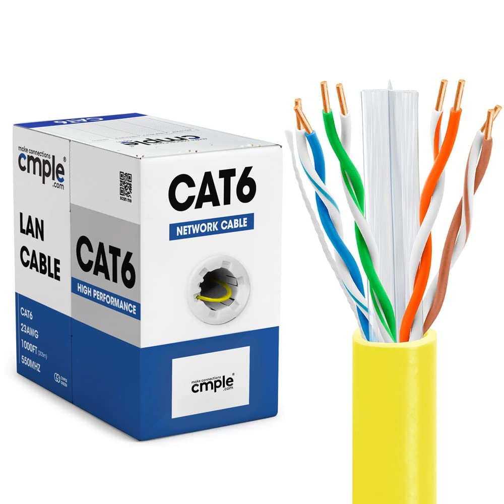 Cmple   Cat6 Cable 1000Ft Bulk Lan Ethernet Cat 6 Wire Network Utp 23Awg Cmr Riser 10Gbps 550 Mhz Pull Box 1000 Feet, Yellow