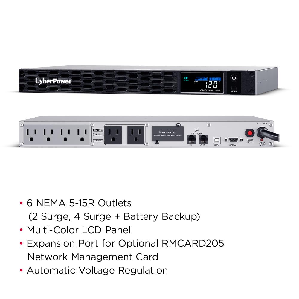 Cyberpower Cp1000Pfcrm1U Pfc Sinewave Ups, 1000Va/600W, 6 Outlets, Avr, 1U Rackmount