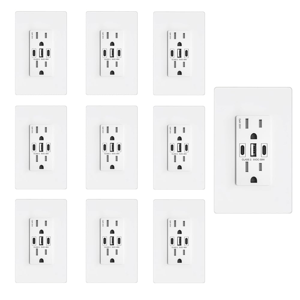Amerisense Gan 30W 6Amp 3 Port Usb Wall Outlet, 15 Amp Tamper Resistant Receptacle With 2 Usb Type C & 1 Type A Port, Usb Charge